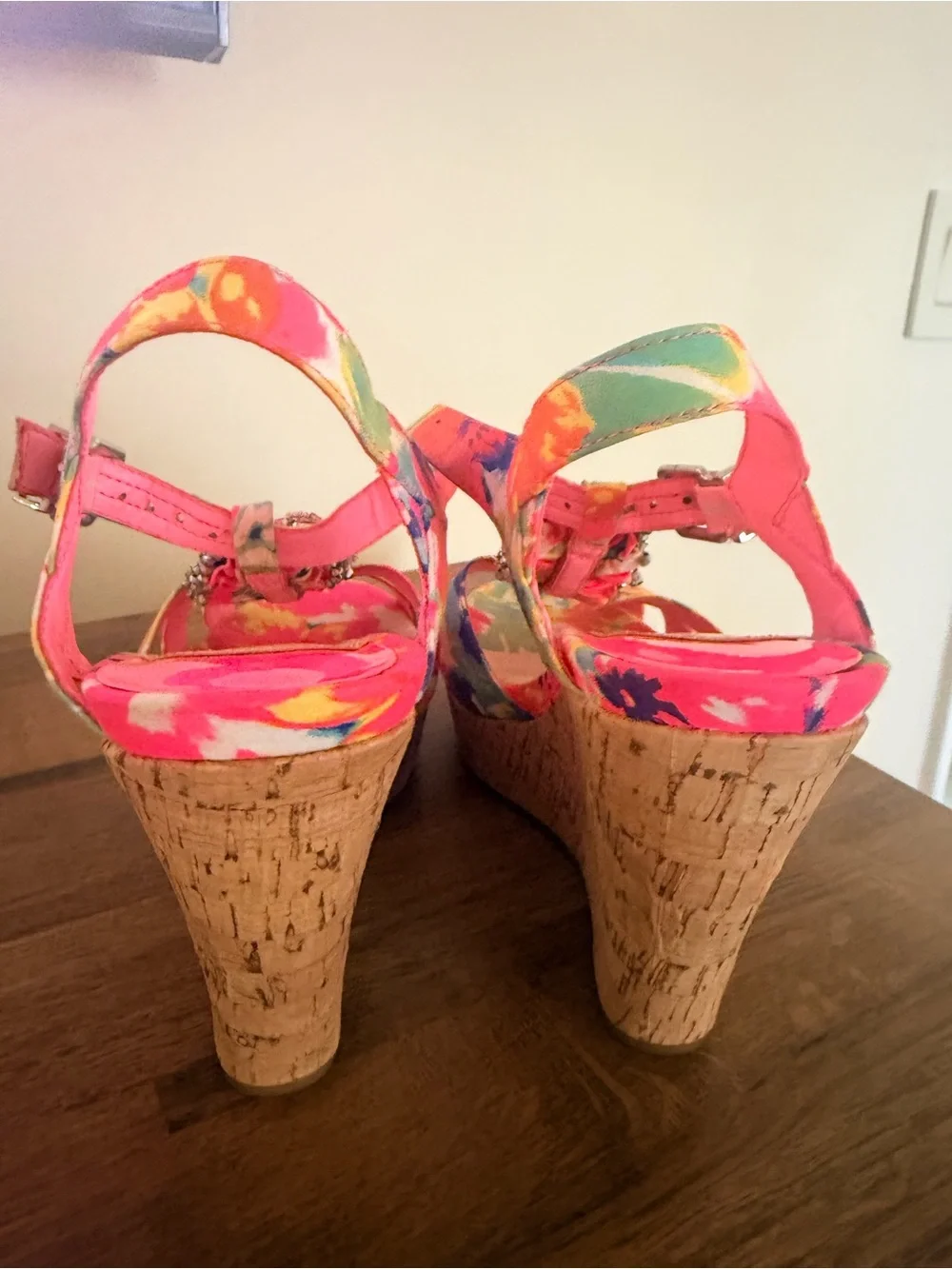 Gianni Bini Neon Pink Multi Floral Cork Wedge Sandals